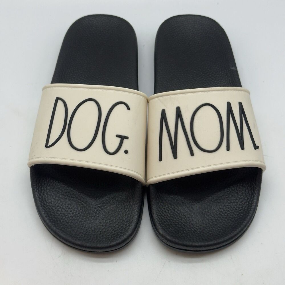 Rae Dunn DOG MOM Slides Women's 8 Black & Cream Slip On Slipper Pool Sandals